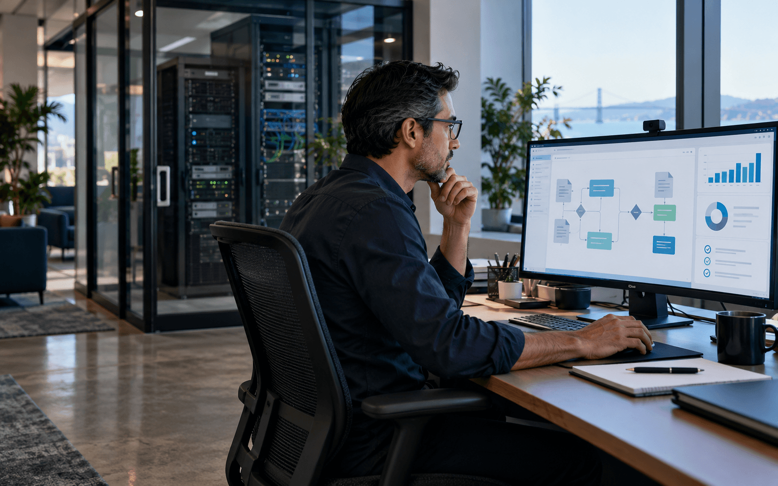 Operations specialist reviewing an automated workflow beside client-controlled server infrastructure
