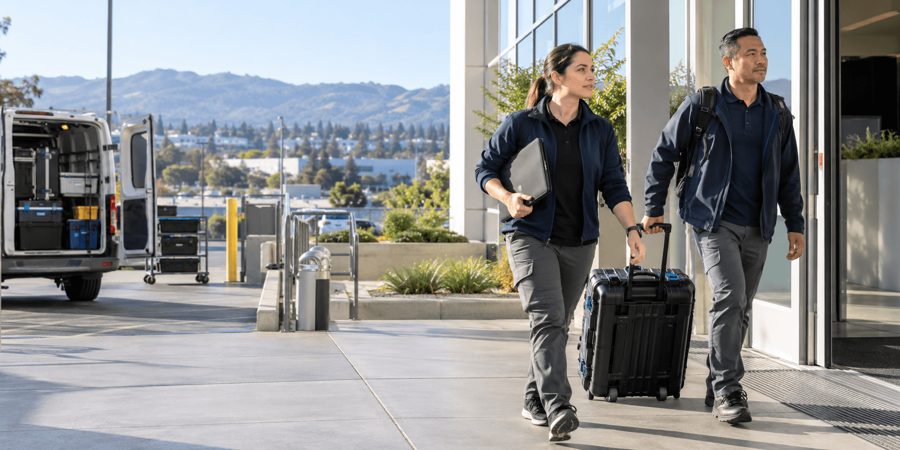Local technology-services team arriving at a Bay Area client site with project equipment