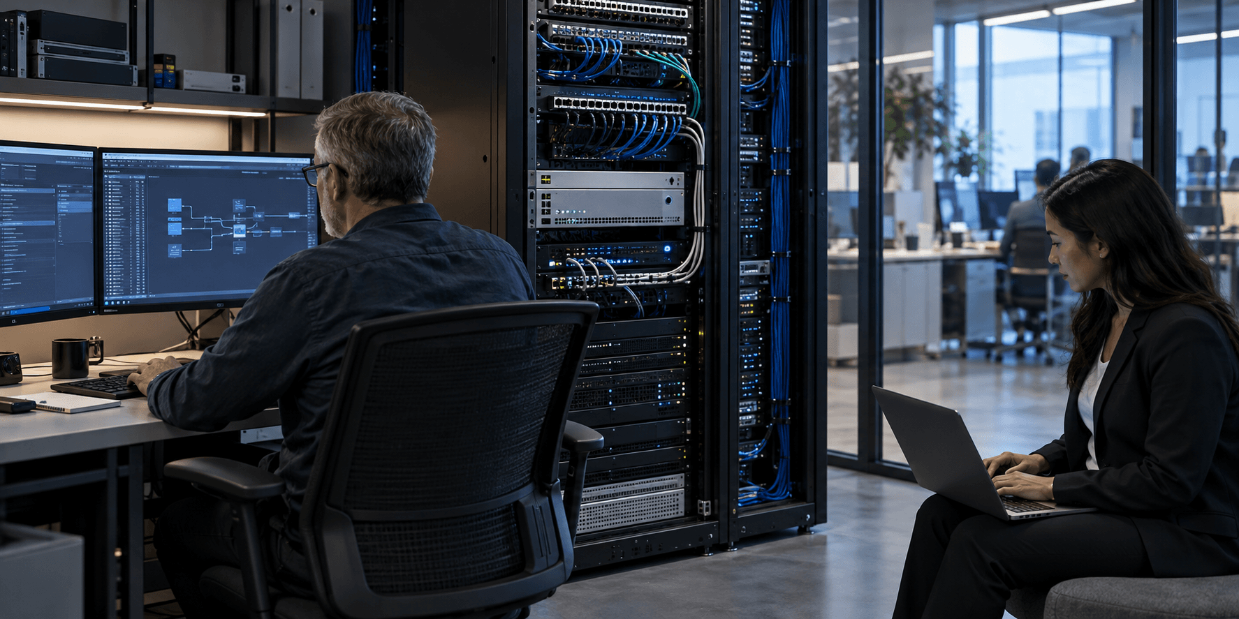 Infrastructure engineer and business reviewer validating a controlled data-routing workflow beside private network equipment