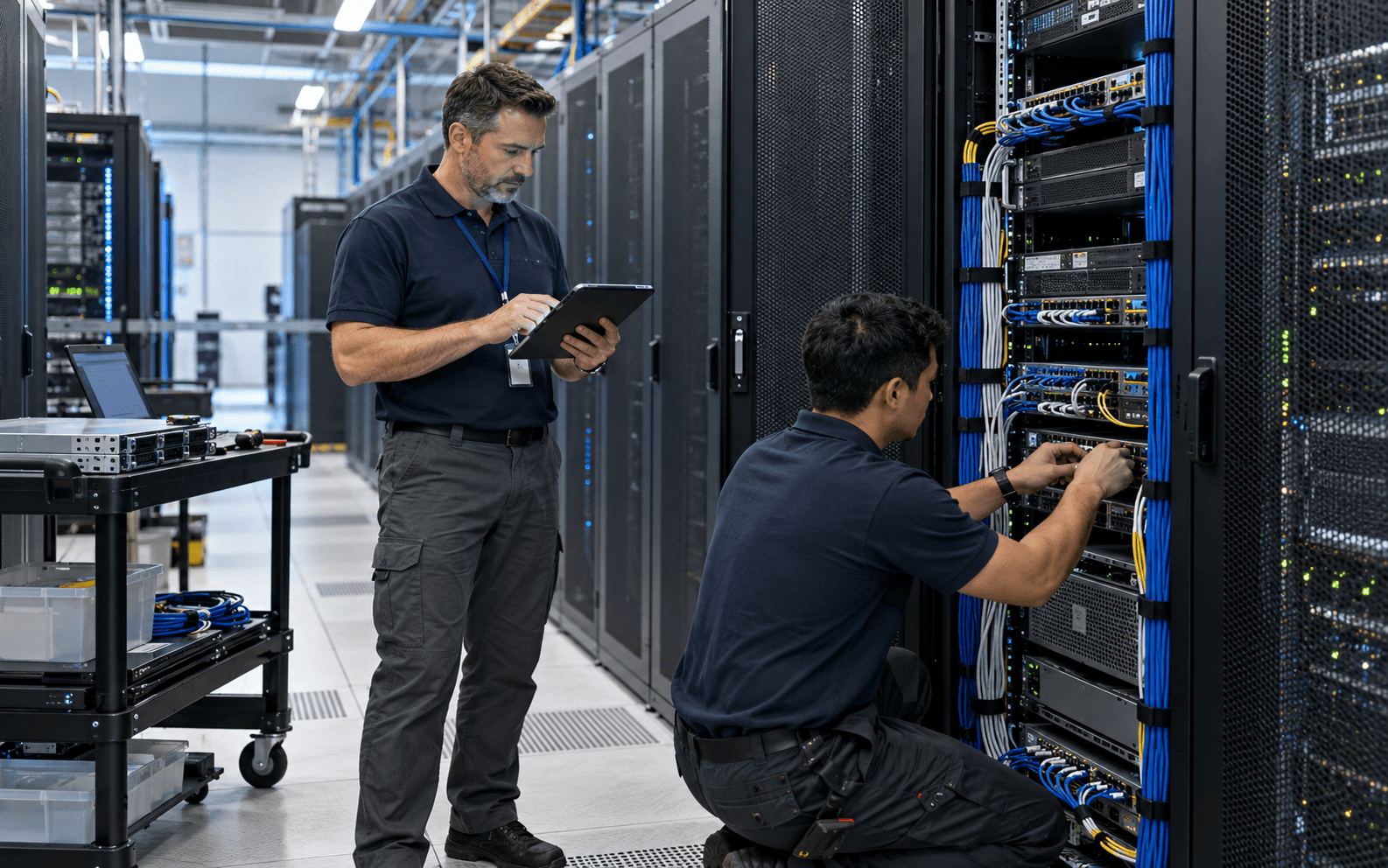 Experienced project lead supervising a technician performing rack and cabling work in a data center