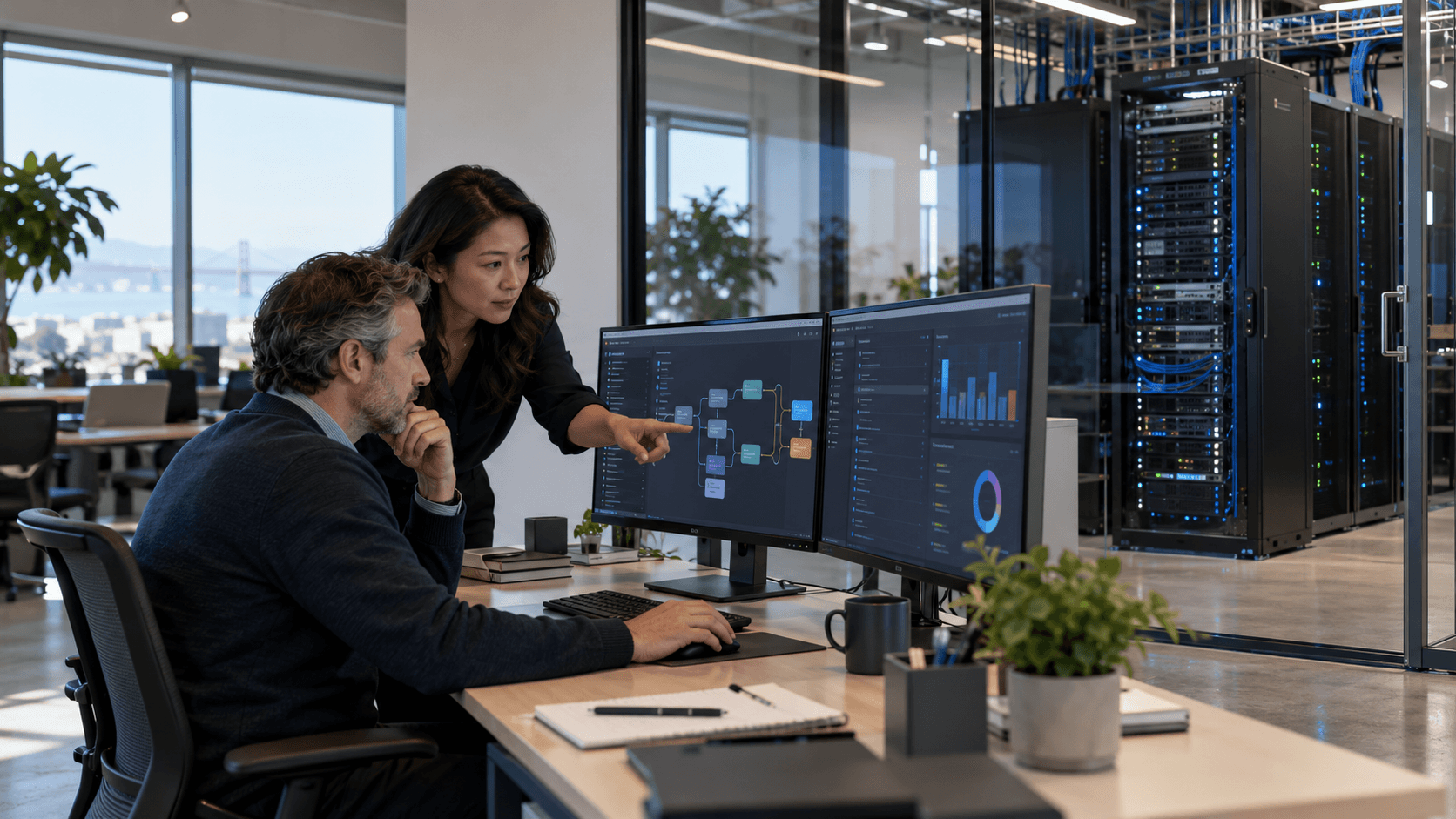 Technology consultant and operations leader reviewing a private AI workflow with an on-premises server rack visible nearby